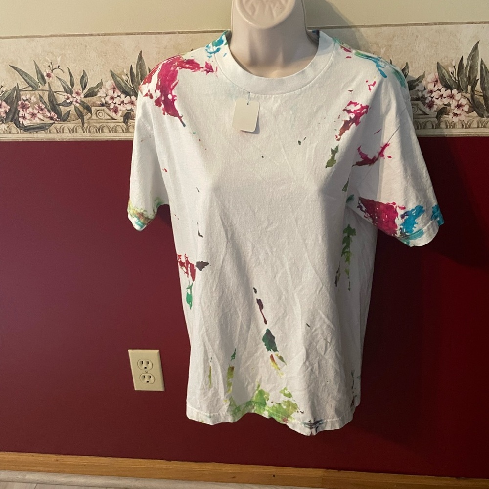 White Short Sleeve Tee with Multicolor Paint-Splatter Accents - Women